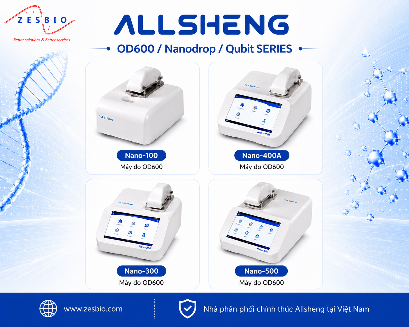 Allsheng – Máy đo Quang phổ hấp thụ và Huỳnh quang (OD600, Nanodrop và Qubit)